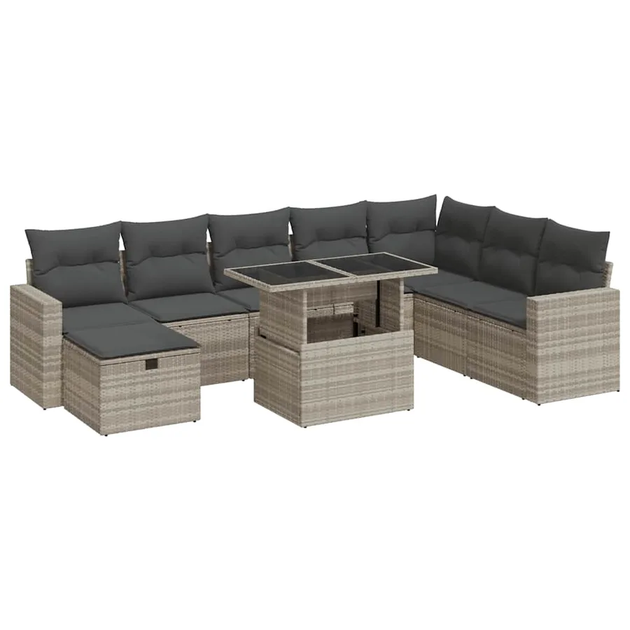 Salon de jardin 9 pcs avec coussins gris clair résine tressée - 2