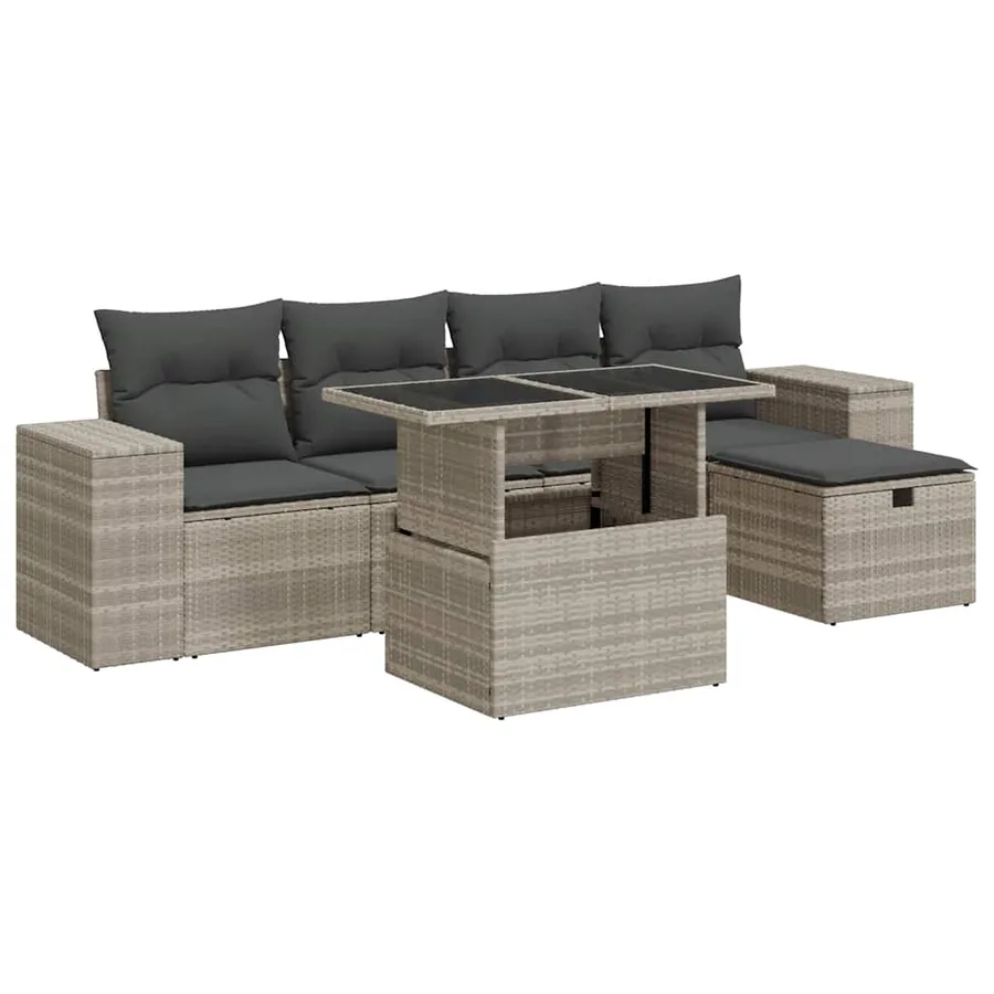 Salon de jardin 6 pcs avec coussins gris clair résine tressée - 2