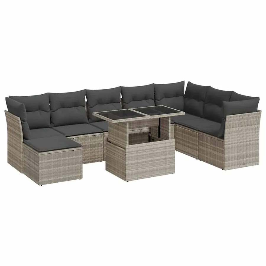 Salon de jardin 9 pcs avec coussins gris clair résine tressée - 2