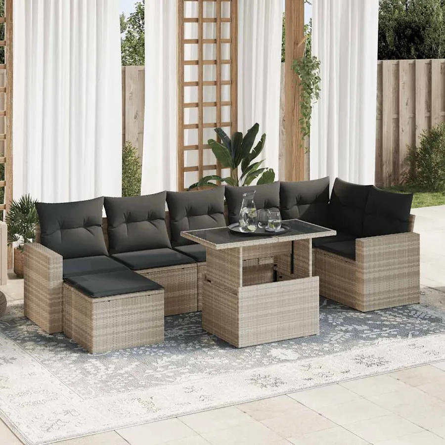 Salon de jardin 8 pcs avec coussins gris clair résine tressée