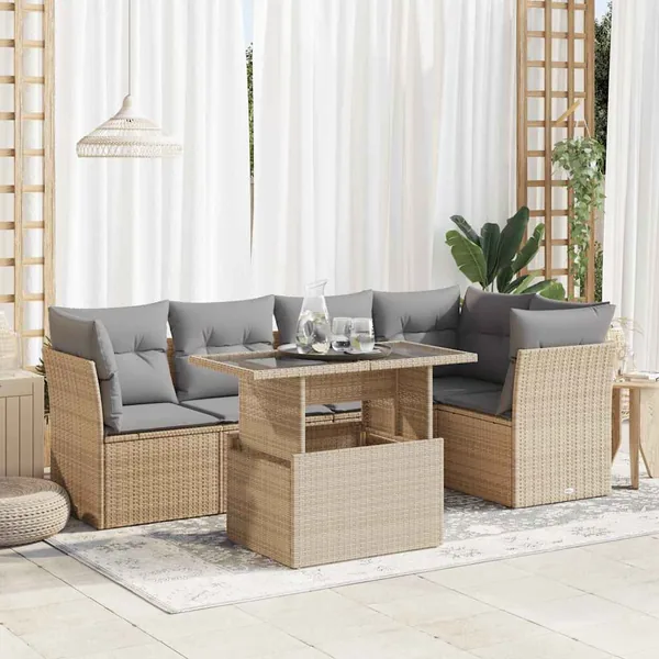 Salon de jardin avec coussins 6 pcs beige résine tressée