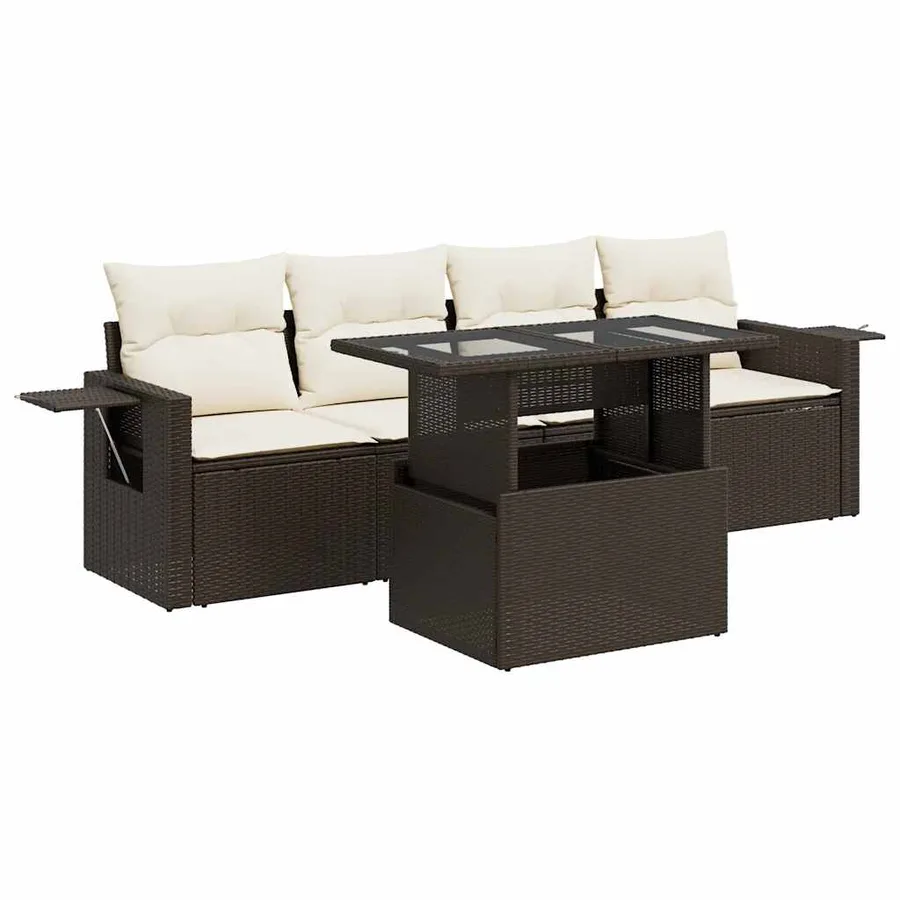 Salon de jardin avec coussins 5 pcs marron résine tressée - 2