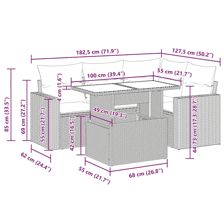 Salon de jardin avec coussins 5 pcs marron résine tressée - 13