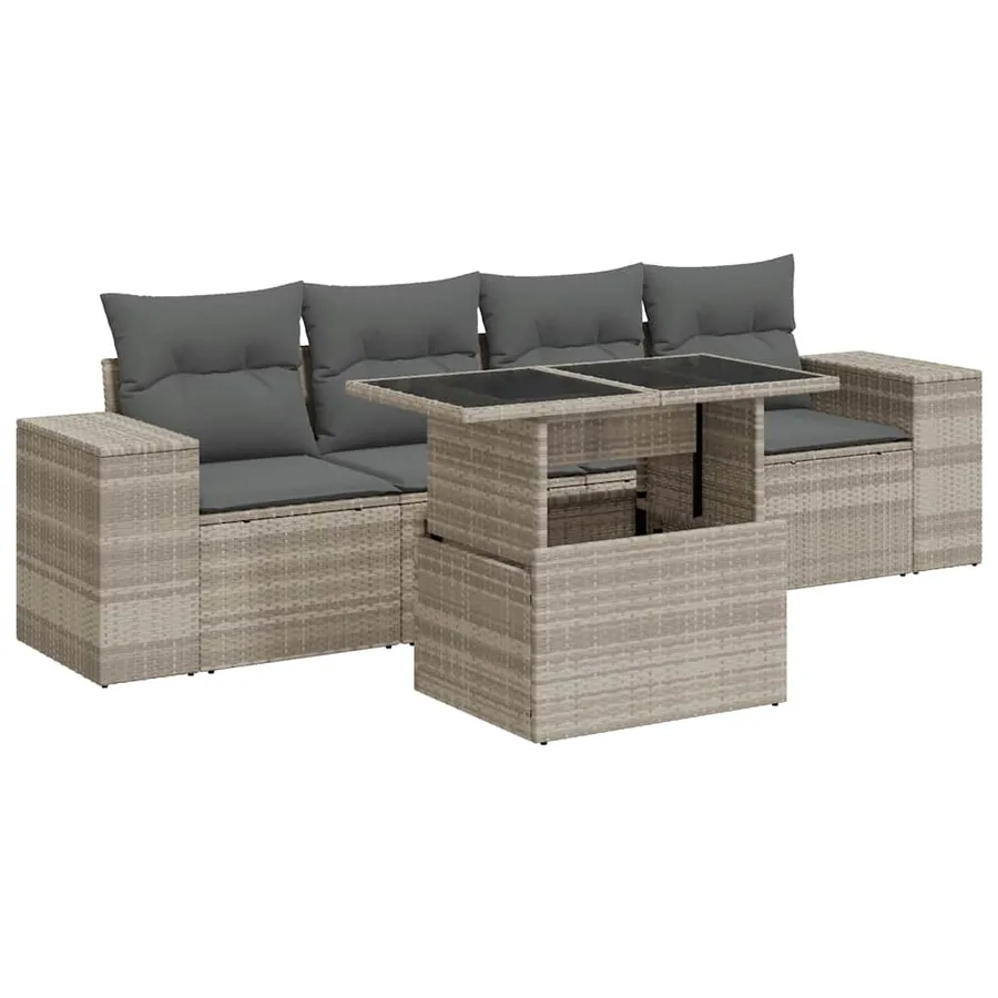 Salon de jardin 5 pcs avec coussins gris clair résine tressée - 2