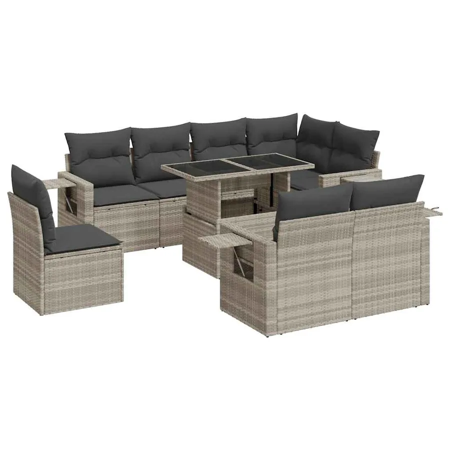 Salon de jardin 9 pcs avec coussins gris clair résine tressée - 2