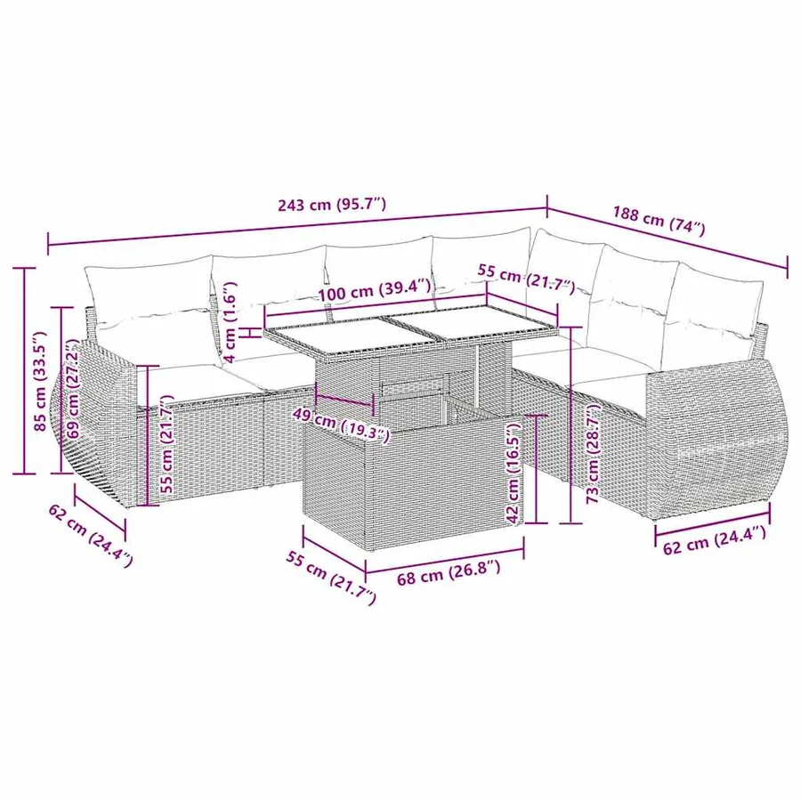 Salon de jardin avec coussins 7 pcs gris clair résine tressée - 16
