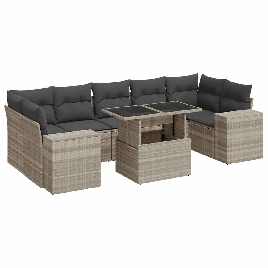 Salon de jardin 8 pcs avec coussins gris clair résine tressée - 2