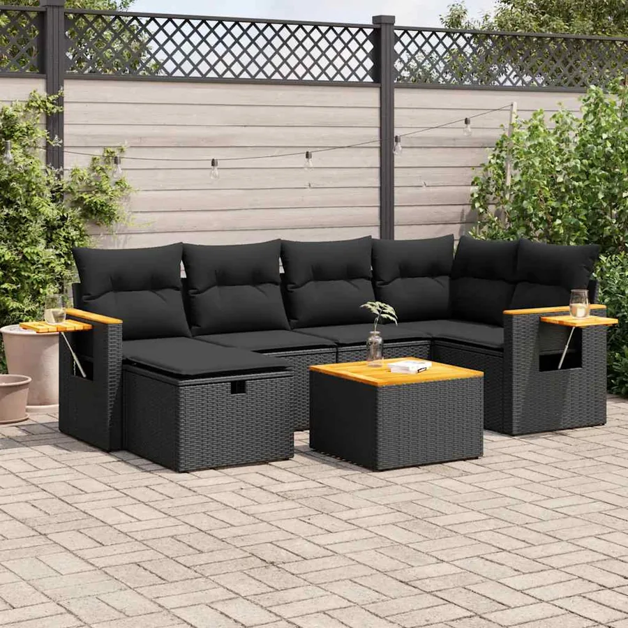 Salon de jardin 7 pcs avec coussins noir résine tressée 55 x 62 x 69 cm - 60,8 kg
