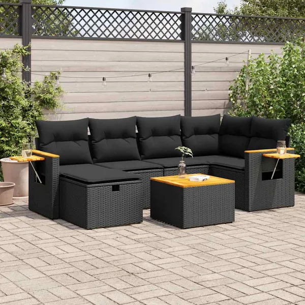 Salon de jardin 7 pcs avec coussins noir résine tressée 55 x 62 x 69 cm - 60,8 kg