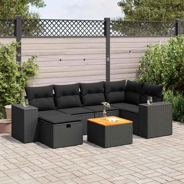 Salon de jardin 7 pcs avec coussins noir résine tressée 93 x 62 x 69 cm - 61,8 kg
