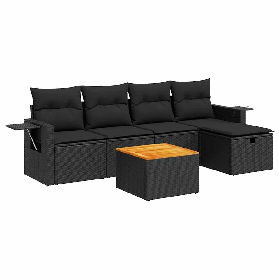 Salon de jardin 6 pcs avec coussins noir résine tressée - 2