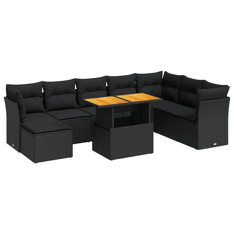 Salon de jardin 9 pcs avec coussins noir résine tressée - 2