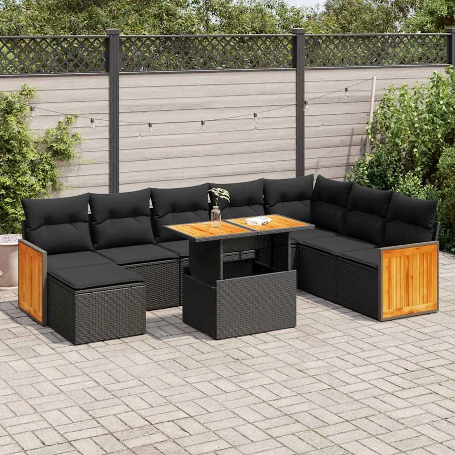 Salon de jardin avec coussins 9 pcs noir résine tressée acacia