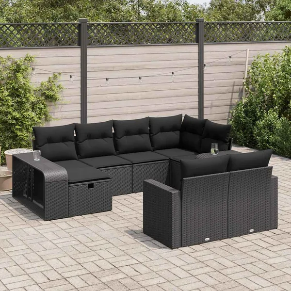 Salon de jardin 10 pcs avec coussins noir résine tressée