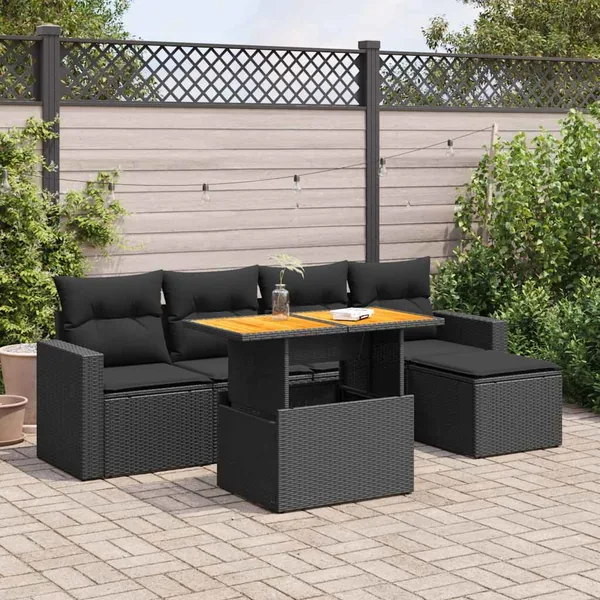 Salon de jardin 6 pcs avec coussins noir résine tressée