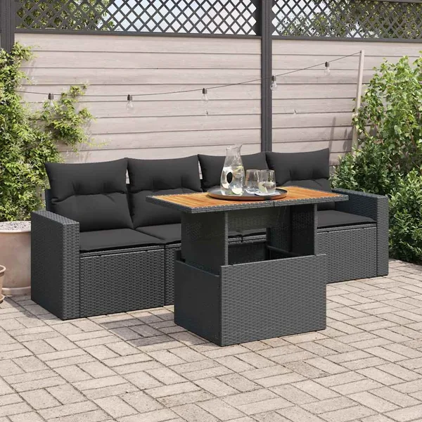 Salon de jardin 5 pcs avec coussins noir résine tressée