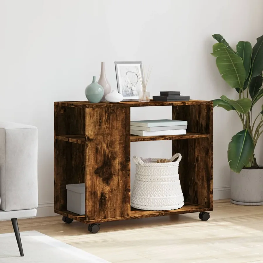 Table d'appoint avec roues chêne fumé bois d'ingénierie - 3