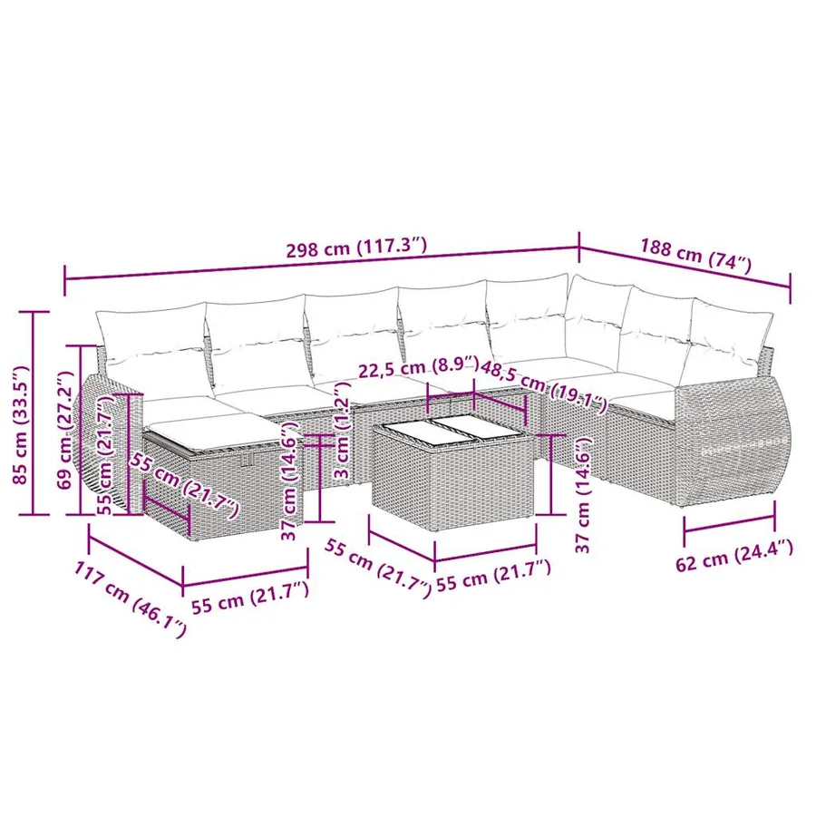 Salon de jardin avec coussins 9 pcs beige résine tressée - 14