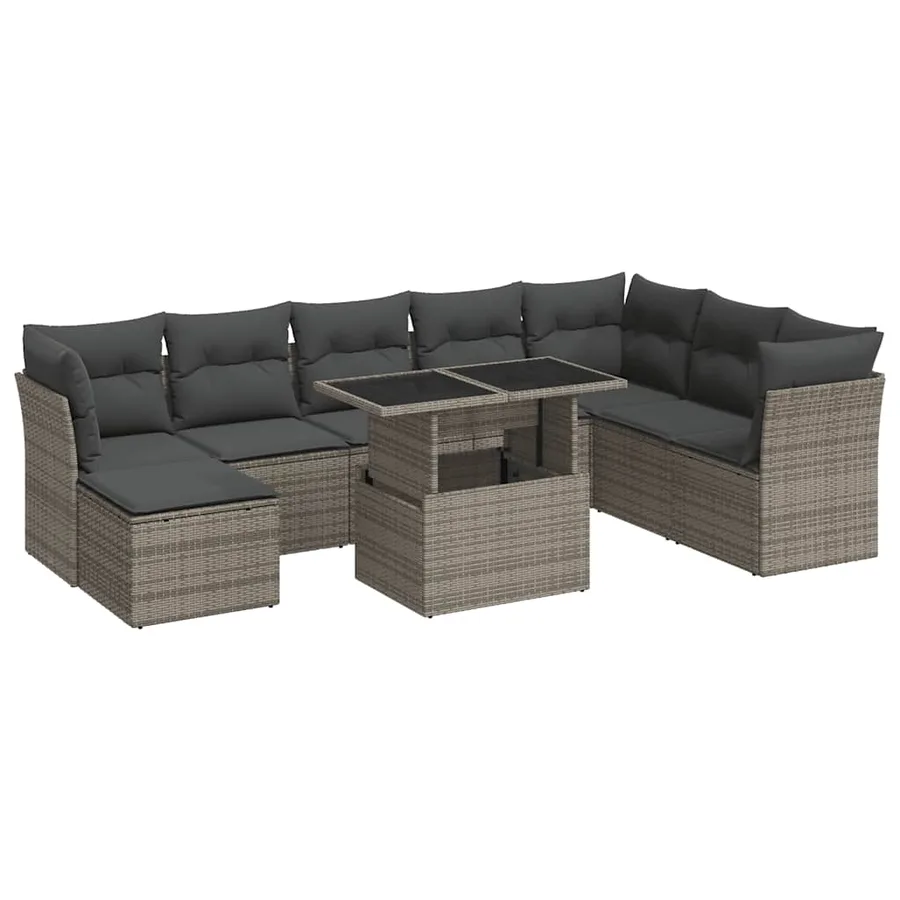 Salon de jardin 9 pcs avec coussins gris résine tressée - 2