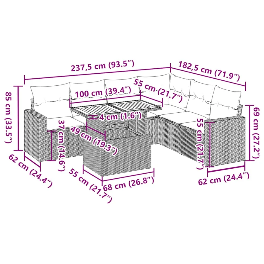 Salon de jardin avec coussins 7 pcs gris résine tressée - 14