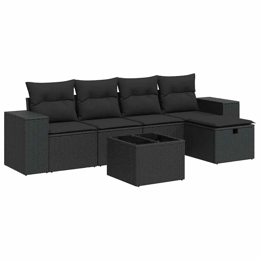 Salon de jardin 6 pcs avec coussins noir résine tressée - 2