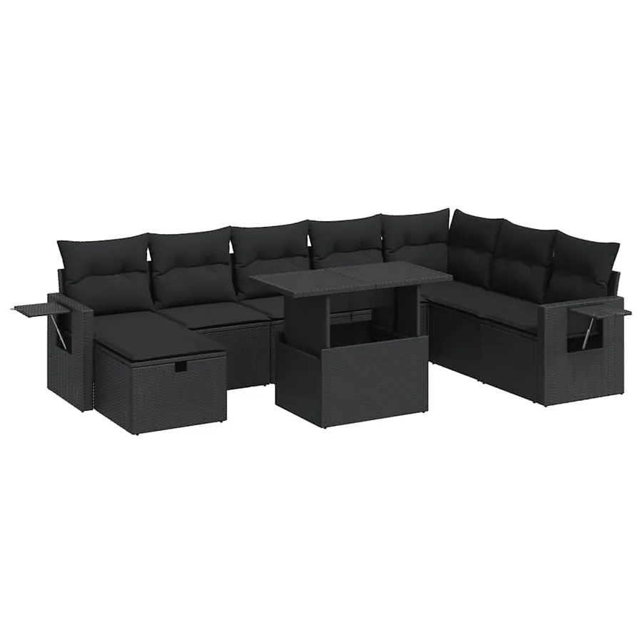 Salon de jardin 9 pcs avec coussins noir résine tressée - 2