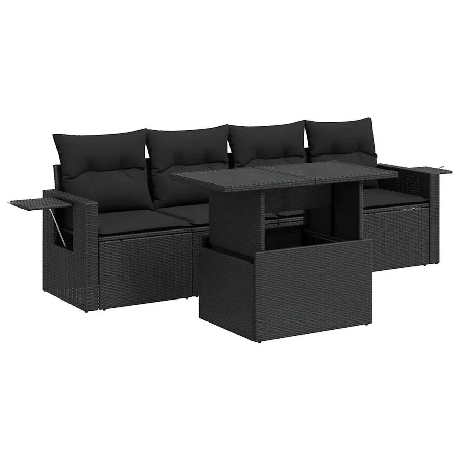 Salon de jardin 5 pcs avec coussins noir résine tressée - 2