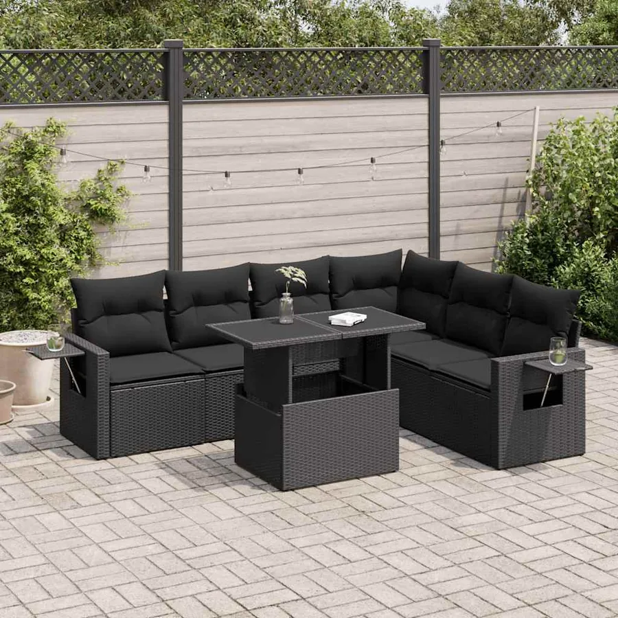Salon de jardin 7 pcs avec coussins noir résine tressée 55 x 62 x 69 cm - 68,4 kg