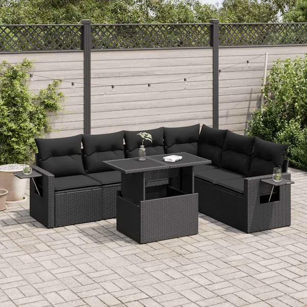 Salon de jardin 7 pcs avec coussins noir résine tressée 55 x 62 x 69 cm - 68,4 kg