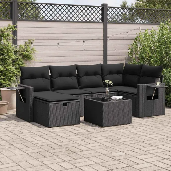 Salon de jardin 7 pcs avec coussins noir résine tressée 62 x 62 x 69 cm - 60,6 kg