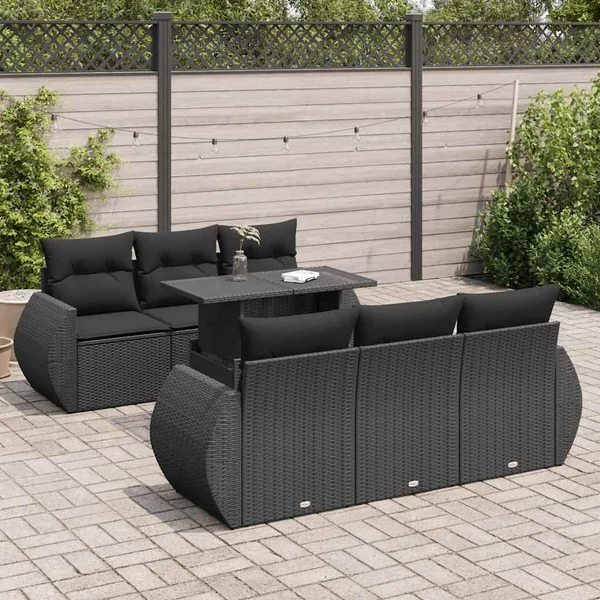 Salon de jardin 7 pcs avec coussins noir résine tressée 55 x 62 x 69 cm - 70,6 kg