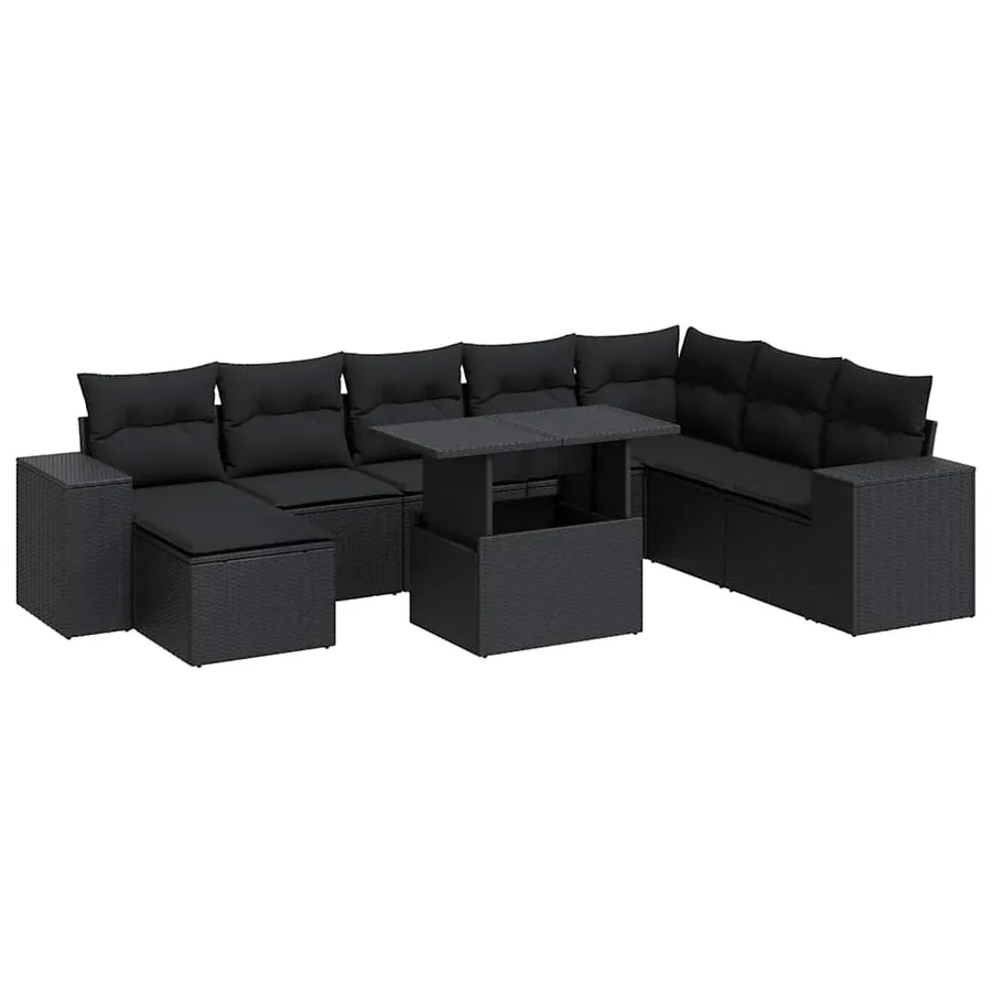Salon de jardin 9 pcs avec coussins noir résine tressée - 2