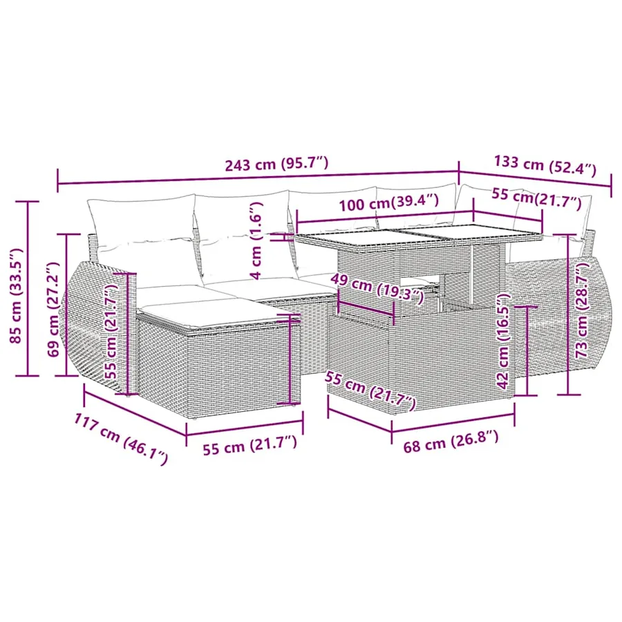 Salon de jardin 7 pcs avec coussins noir résine tressée 55 x 62 x 69 cm - 67,8 kg - 15
