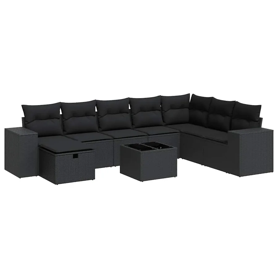 Salon de jardin 9 pcs avec coussins noir résine tressée - 2
