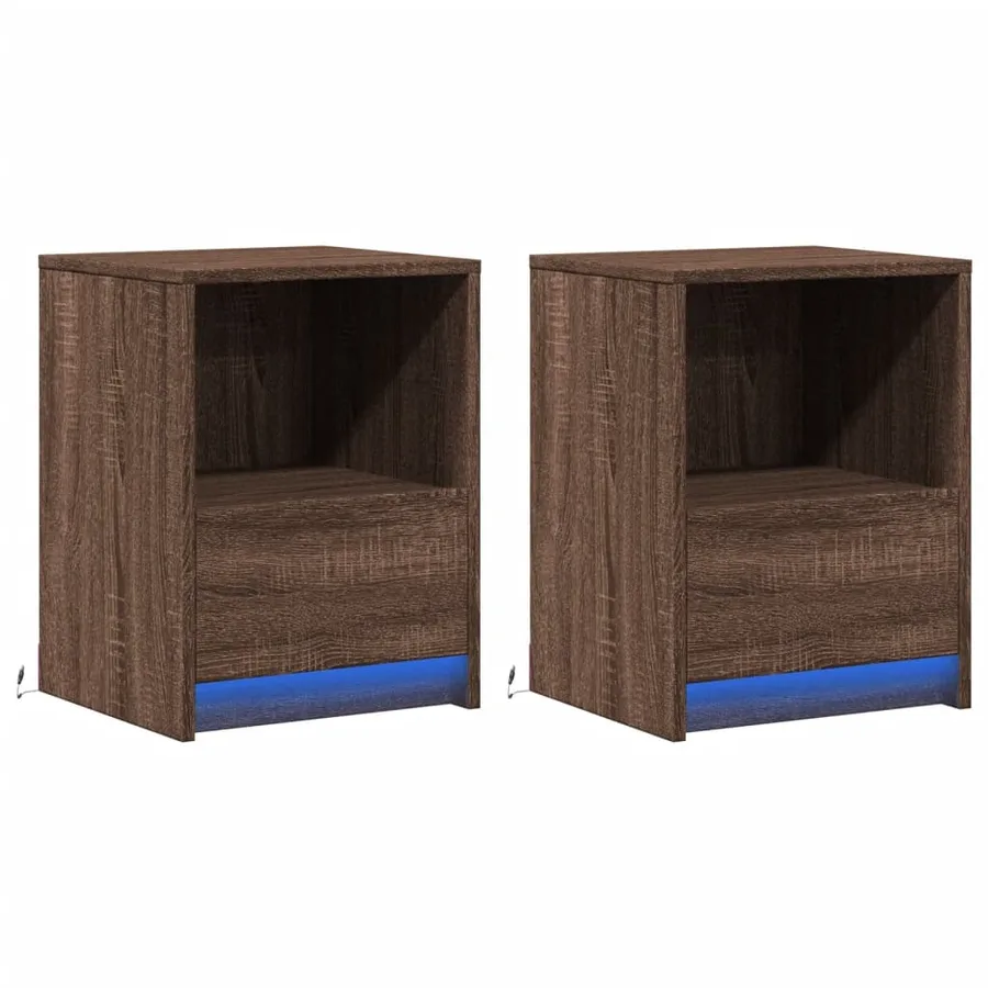 Armoires de chevet et lumières LED 2 pcs chêne marron - 3