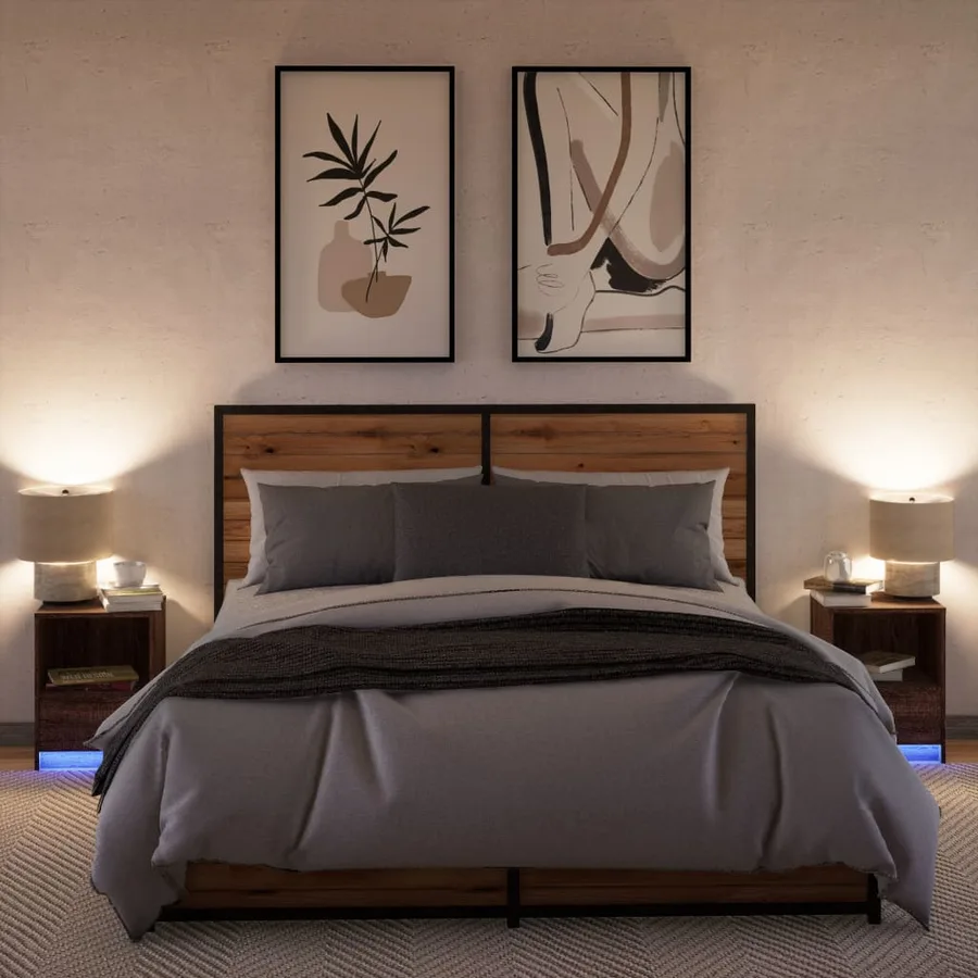Armoires de chevet et lumières LED 2 pcs chêne marron - 5