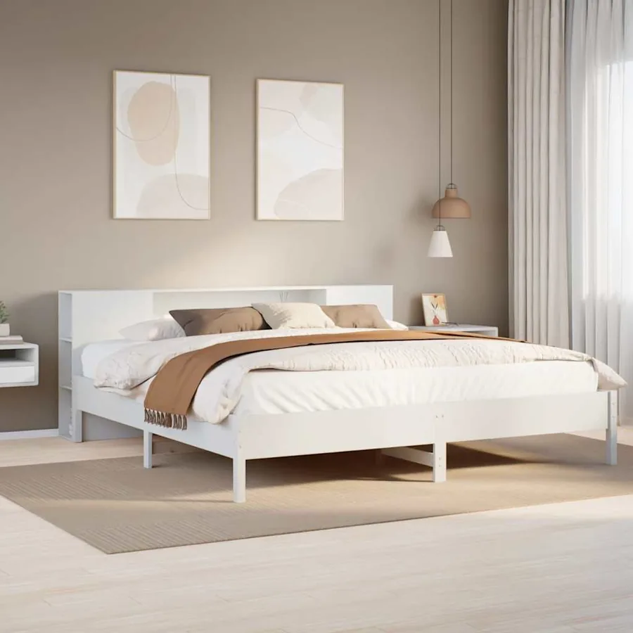 Lit bibliothèque sans matelas blanc 200x200 cm bois pin massif