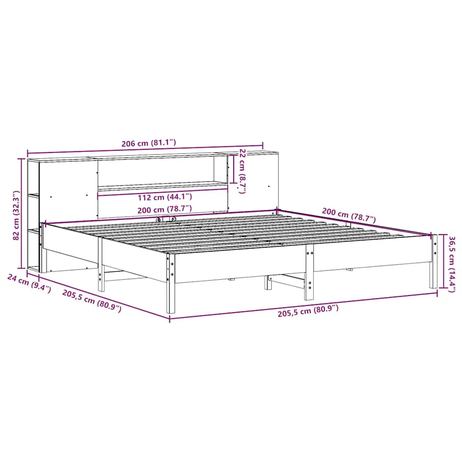 Lit bibliothèque sans matelas blanc 200x200 cm bois pin massif - 11