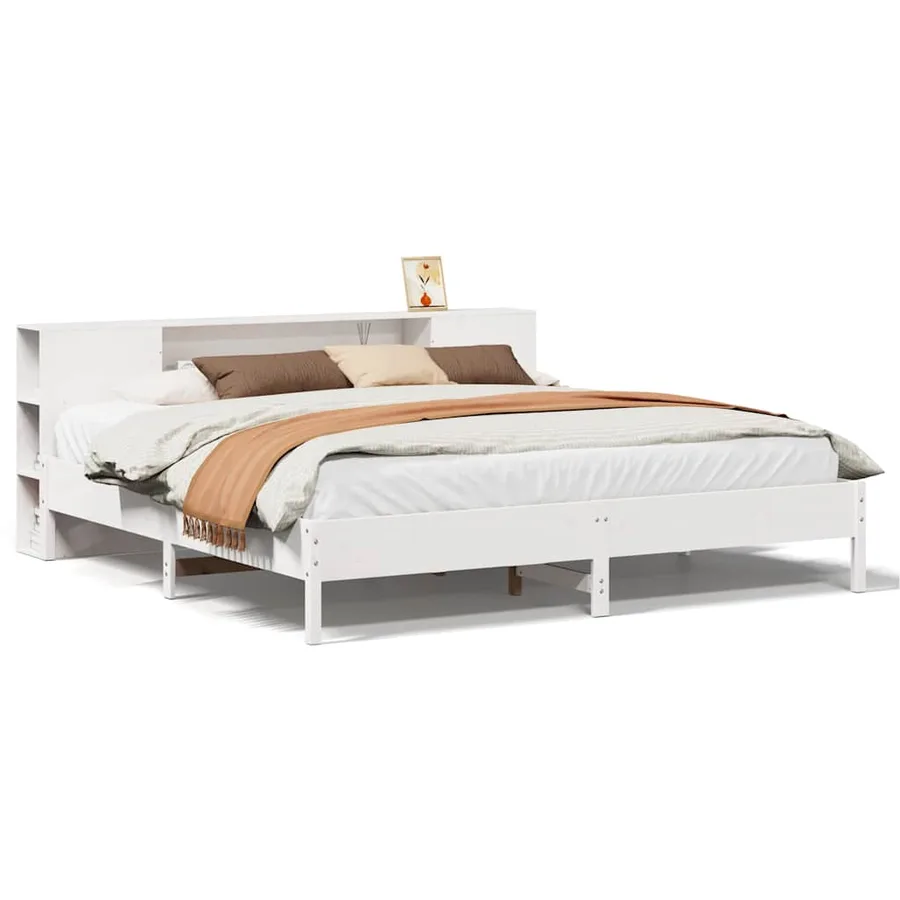Lit bibliothèque sans matelas blanc 200x200 cm bois pin massif - 2