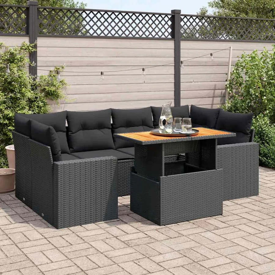Salon de jardin 7 pcs avec coussins noir résine tressée 62 x 62 x 69 cm - 68,2 kg
