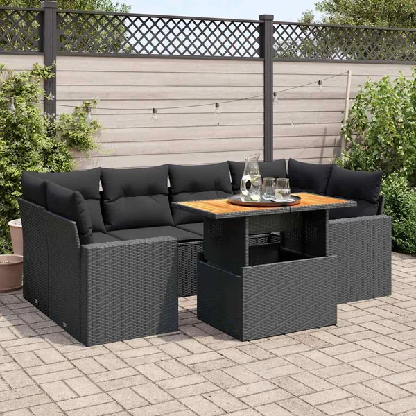 Salon de jardin 7 pcs avec coussins noir résine tressée 62 x 62 x 69 cm - 68,2 kg