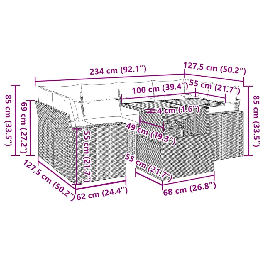Salon de jardin 7 pcs avec coussins noir résine tressée 62 x 62 x 69 cm - 68,2 kg - 14