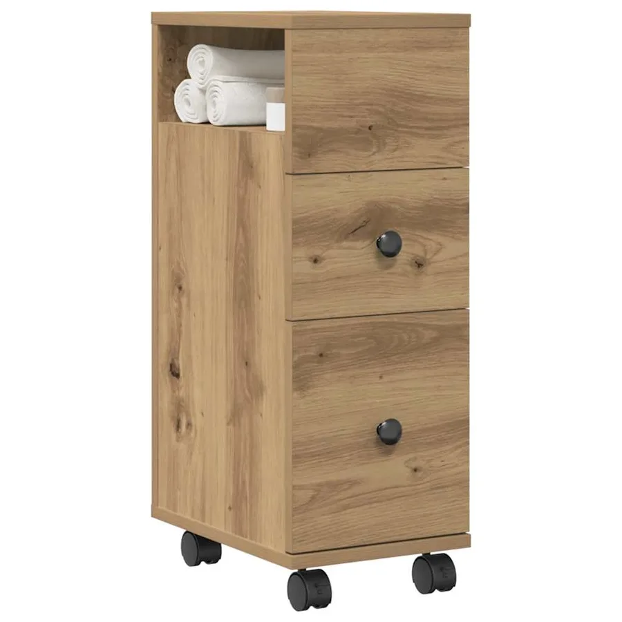 Meuble étroit de salle de bain à roulettes chêne artisanal - 3