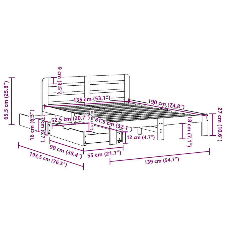 Cadre de lit sans matelas blanc 135x190 cm bois de pin massif - 11