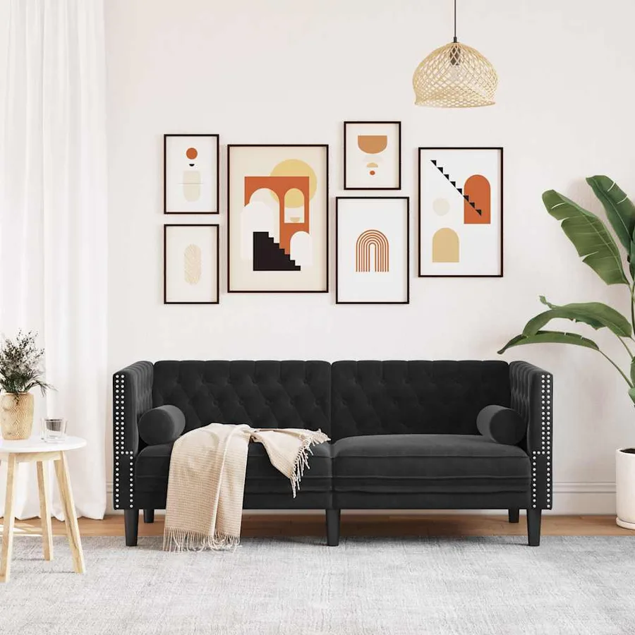 Canapé Chesterfield avec traversins 2 places noir velours - 3