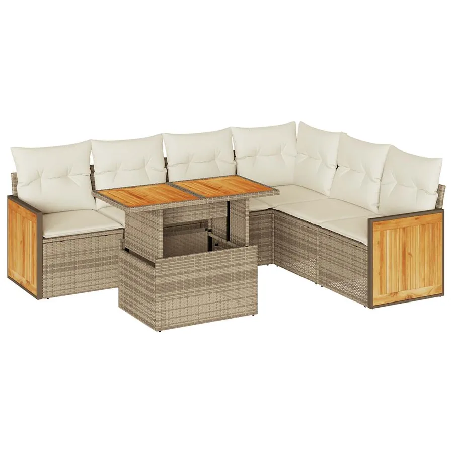 Salon de jardin avec coussins 7 pcs beige résine tressée acacia - 2