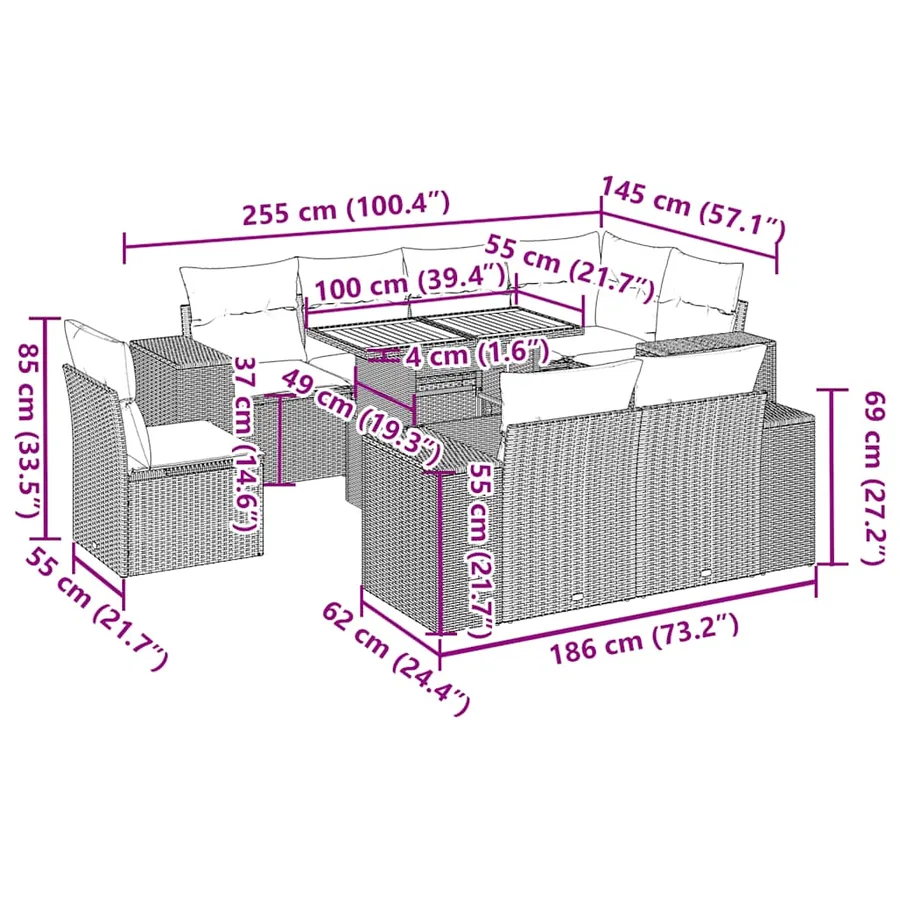 Salon de jardin avec coussins 9 pcs beige résine tressée - 14