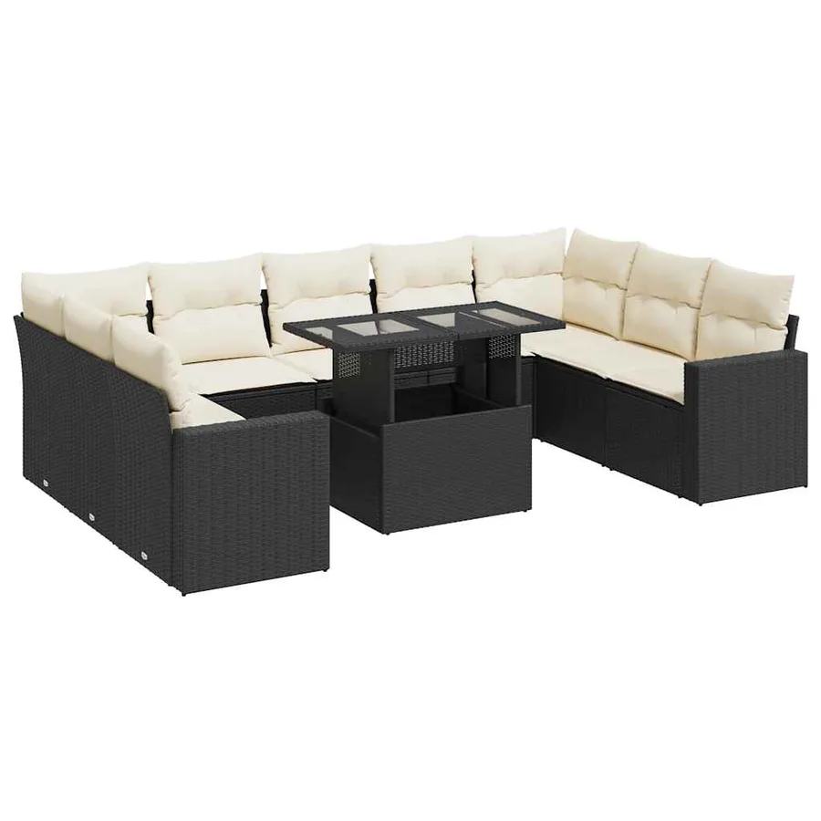 Salon de jardin 10 pcs avec coussins noir résine tressée - 2