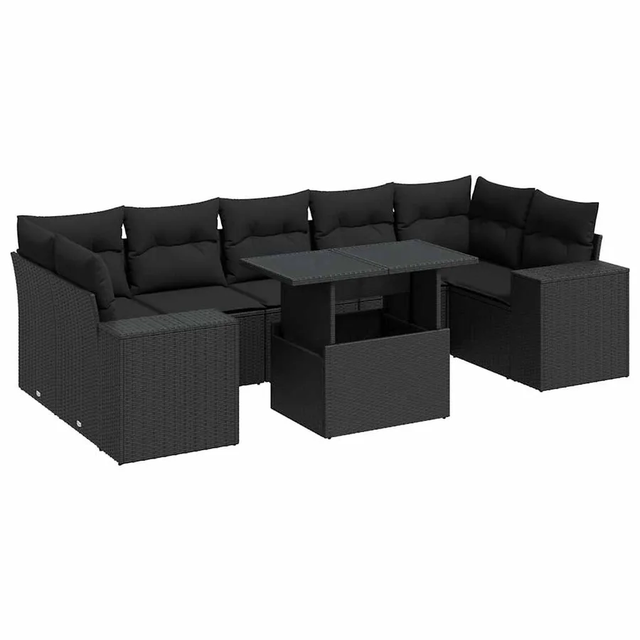 Salon de jardin 8 pcs avec coussins noir résine tressée - 2