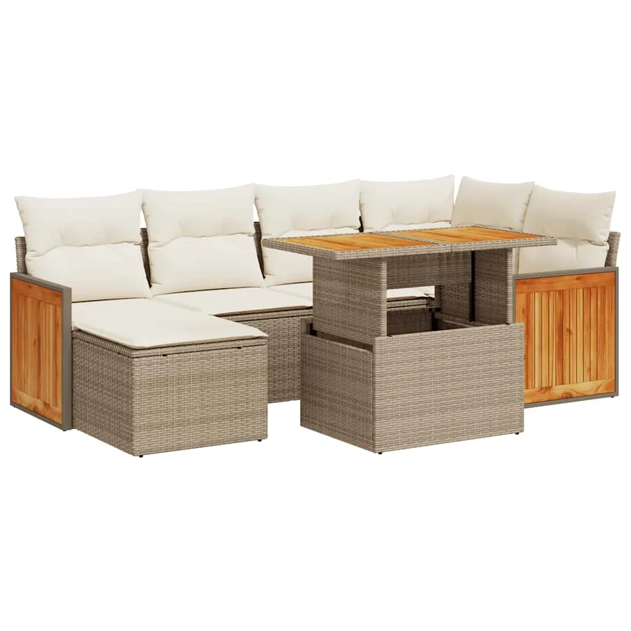 Salon de jardin avec coussins 7 pcs beige résine tressée acacia - 2